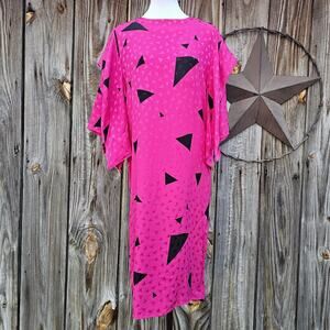 Bright Pink Silk Dress Flora Kung Size 4 Black Triangles Flutter Sleeve Vintage